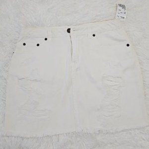 Distressed denim mini skirt